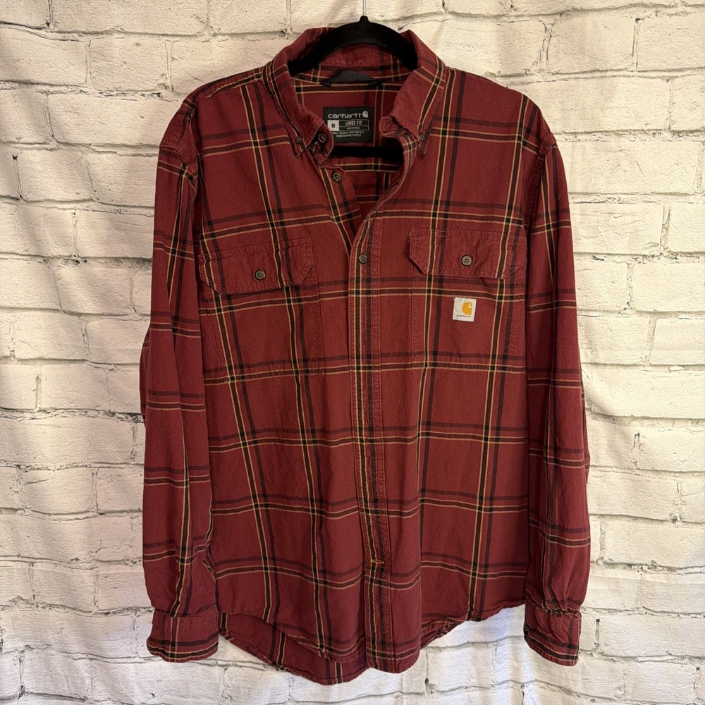 Carhartt Shirt Mens M Red Plaid Button Front‎ Long Sleeve Workwear